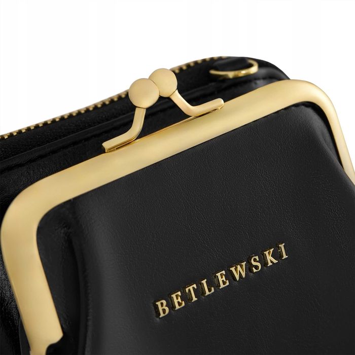 BETLEWSKI Mała Torebka Damska Etui Na Telefon Smartfon Czarna Skórzana