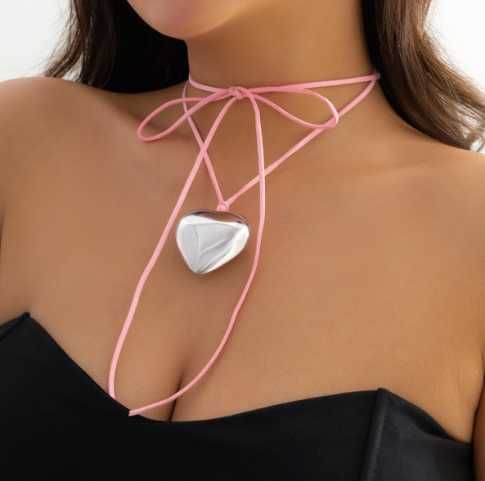 Naszyjnik Choker Różowy Srebrne Serce Idealny dla Kobiety na Prezent