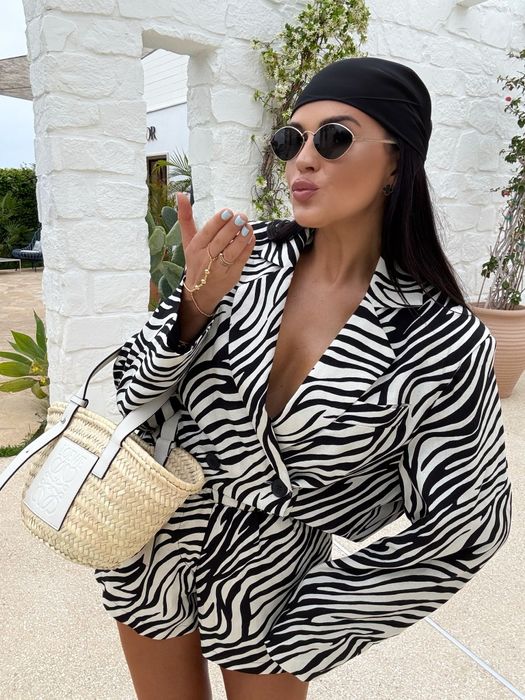 Komplet lniany Zebra LaMilla S biało czarne