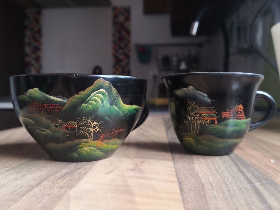 Zestaw do herbaty i kawy z laki / chiński / 6 filiżanek i 6 talerzyków