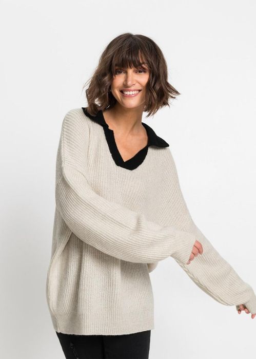 B.P.C sweter beżowy z czarnym kołnierzykiem ^32/34