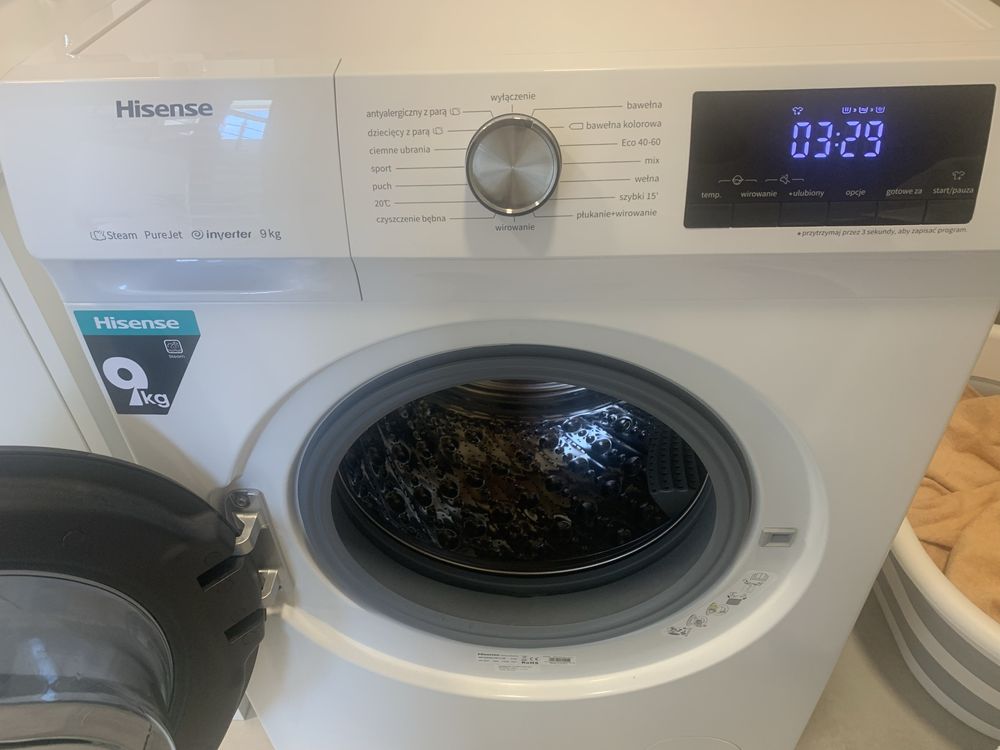 Pralka HISENSE 9kg, INWERTER, PARA, 1400 obr, kl A, sprawna, 1.5roczna
