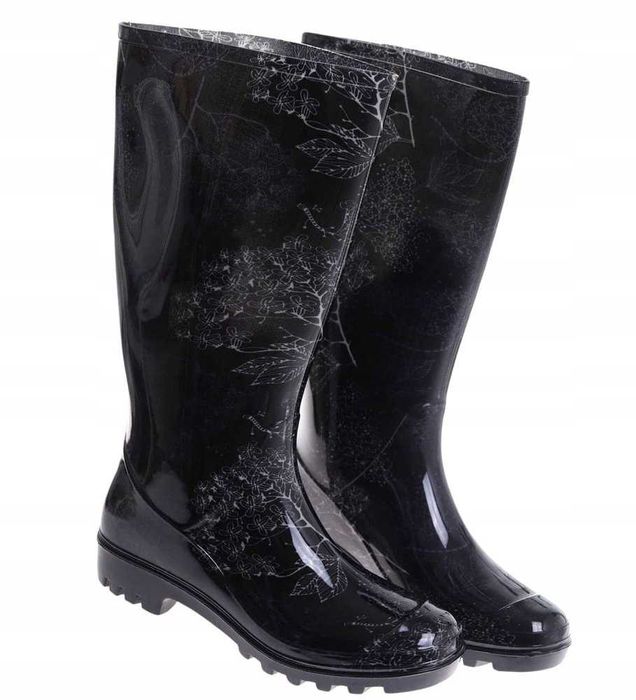Kalosze damskie czarne wysokie gumiaki z białym wzorkiem rozmiar 39