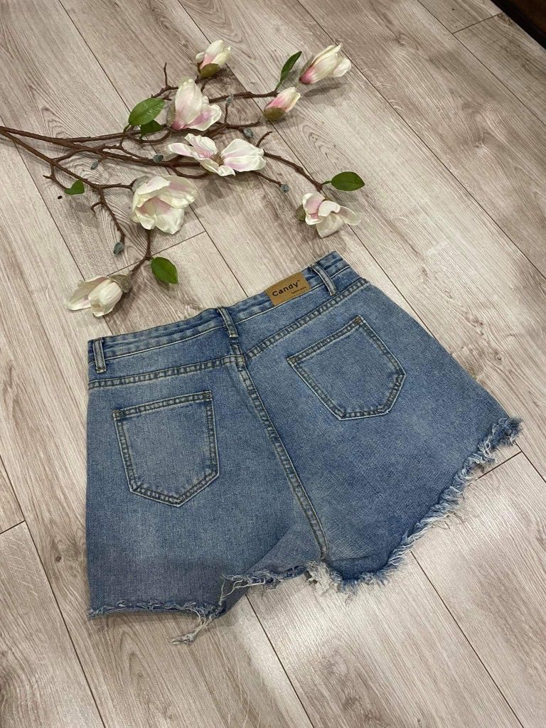 Krótkie spodenki damskie jeansowe szorty w kwiaty szarpane XL 42 L 40