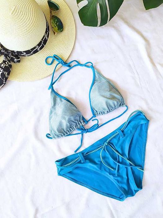 Morski niebieski marynarski strój kąpielowy dwuczęściowy wiązany S 36