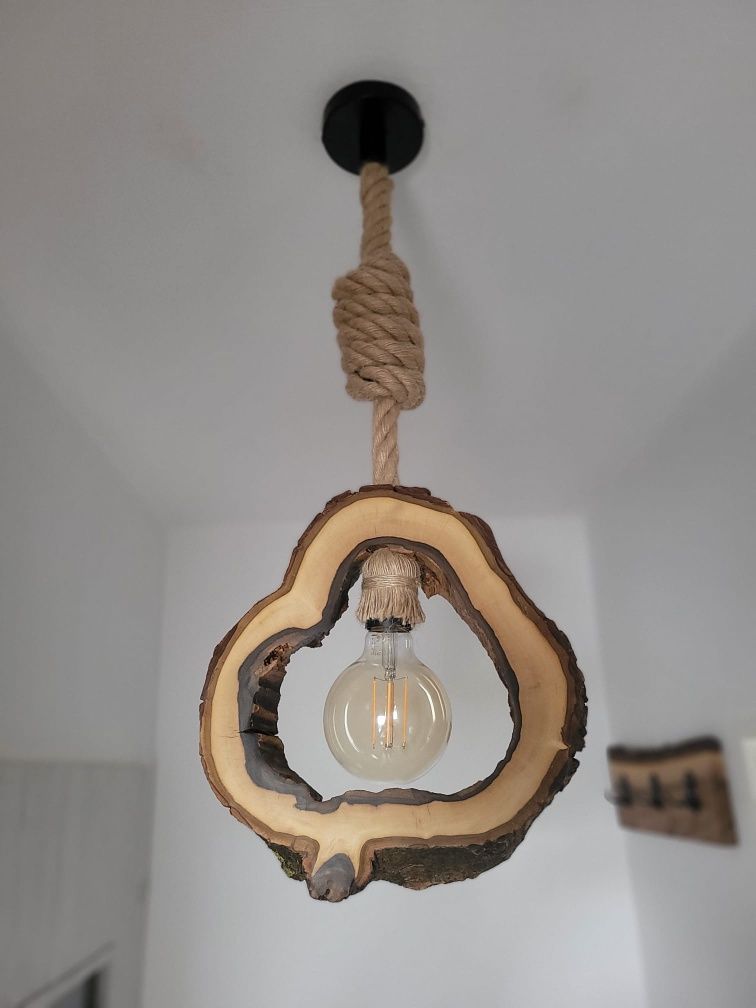 Lampa wisząca orzech włoski handmade Loft sznur jutowy