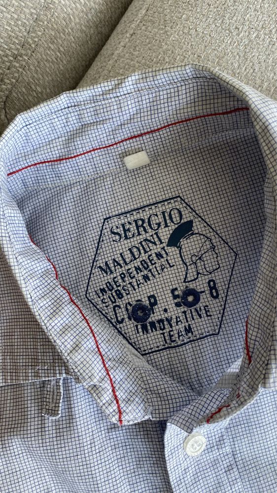 Sergio Maldini błękitna koszula w kratę męska M 38 bawełna rękaw 3/4