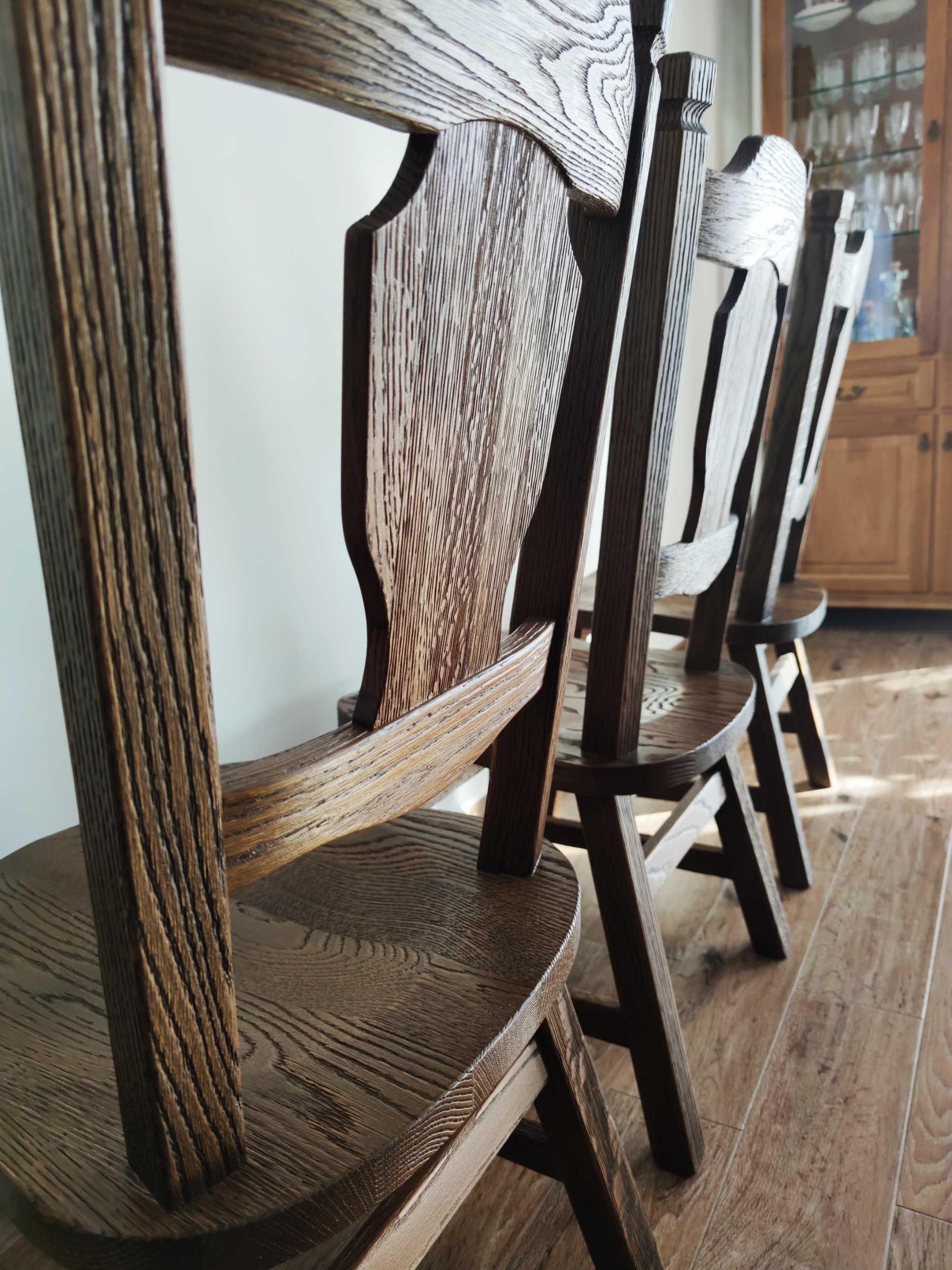 4 Luksusowe Dębowe Krzesła - Drewniane, Solidne, Wypiaskowane - UNIKAT