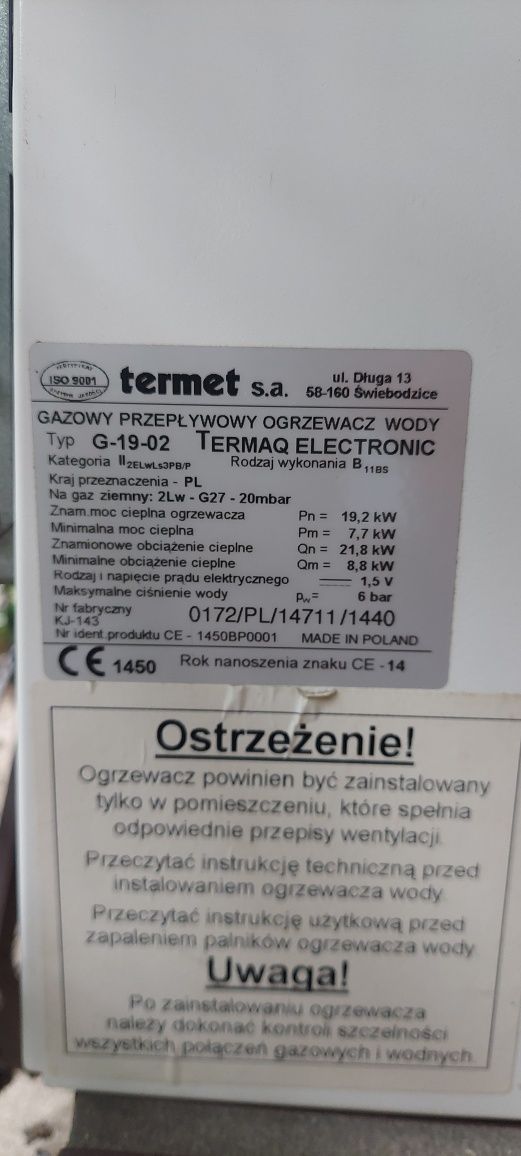 Ogrzewacz gazowy Terma Q Termet