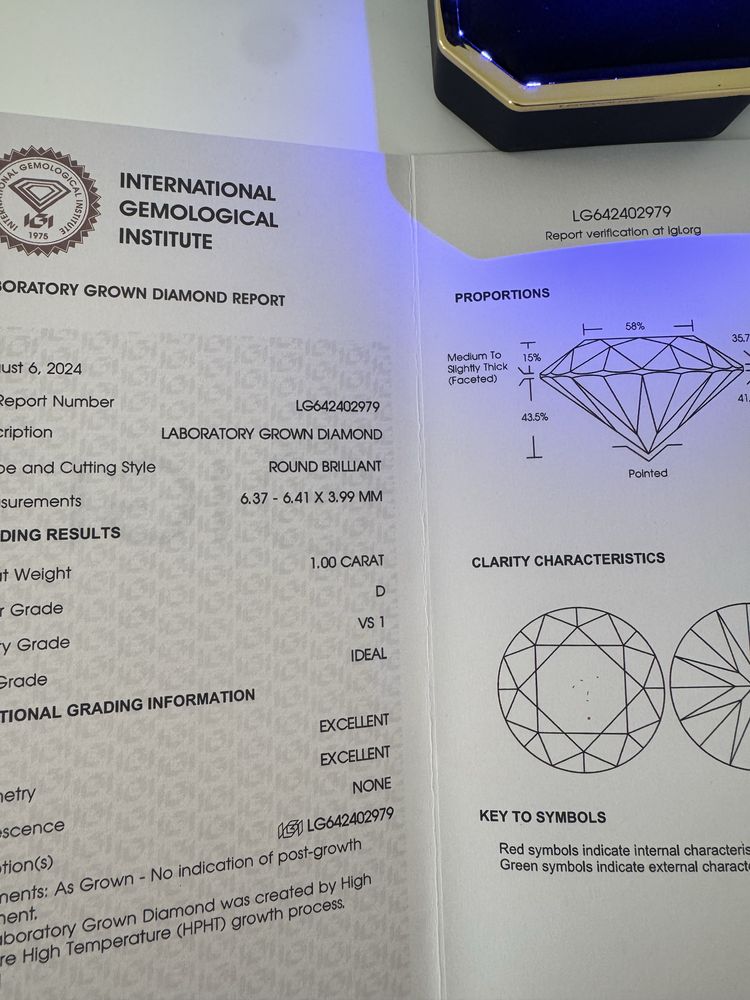 Pierścionek z diamentem 1 CT VS1 D, certyfikat IGI, brylantem, 585
