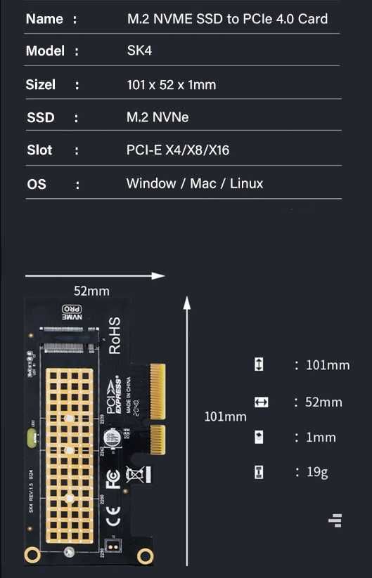 ZoRax NVME Pro адаптер M.2 SSD to PCIe для ССД диска