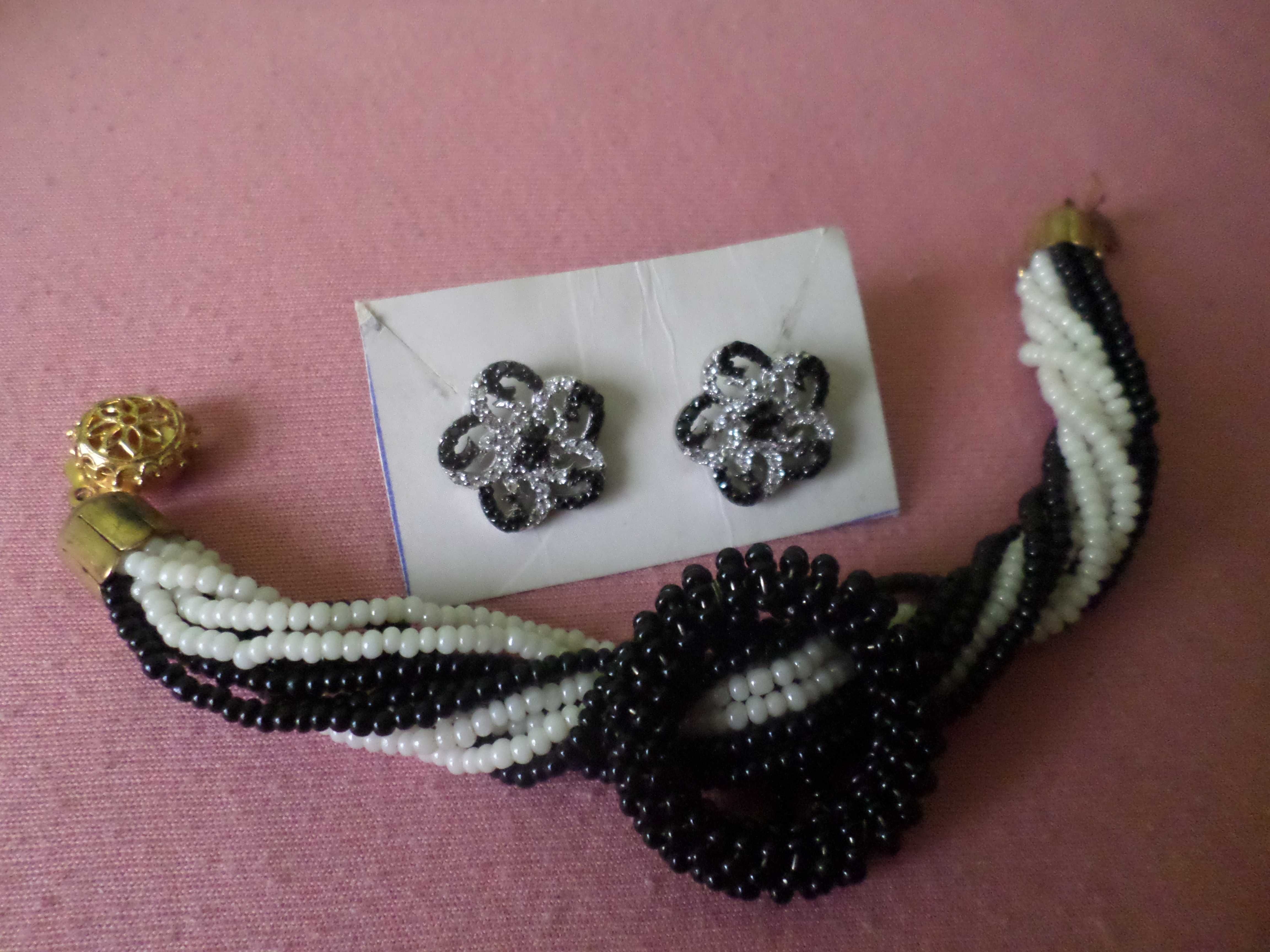 Piękny biało czarny zestaw: bransoletka i kolczyki ze srebra