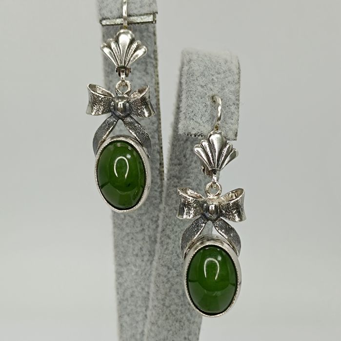 Советский серебряный набор серьги и кулон 925 пробы (:3ХЮ) с нефритом