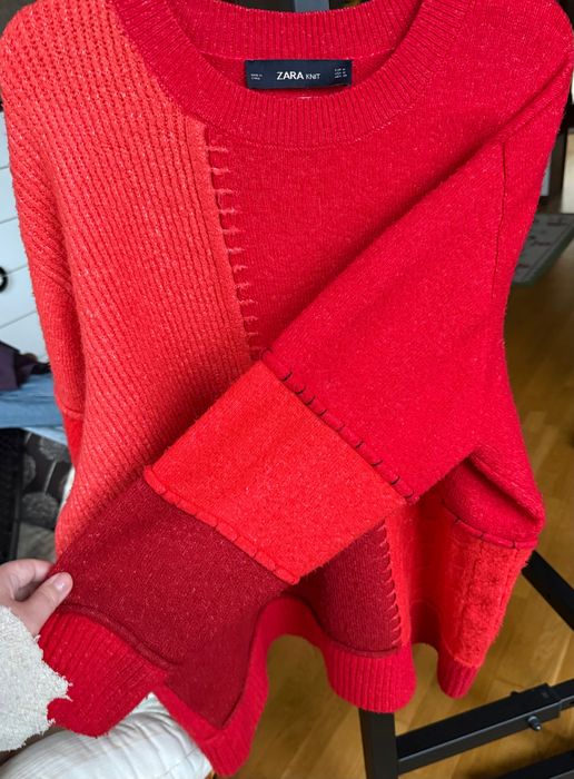 Яскравий червоний оверсайз печворк светр zara вʼязаний