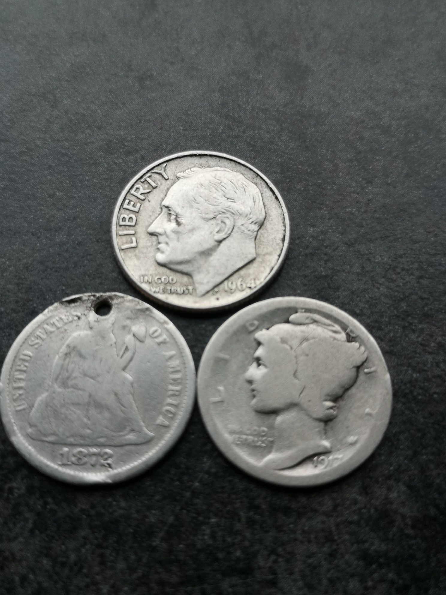 3 x one dime USA srebro 1872,1917,64 r. Merkury sitting i Rooseve