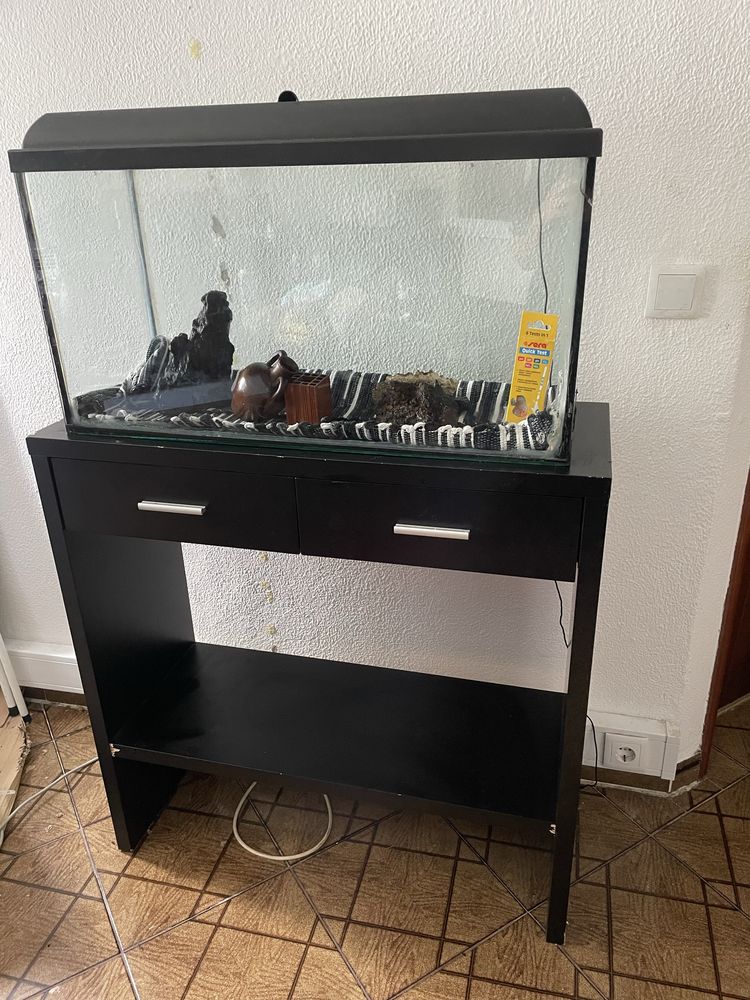 Aquário 100L com móvel e elementos decorativos