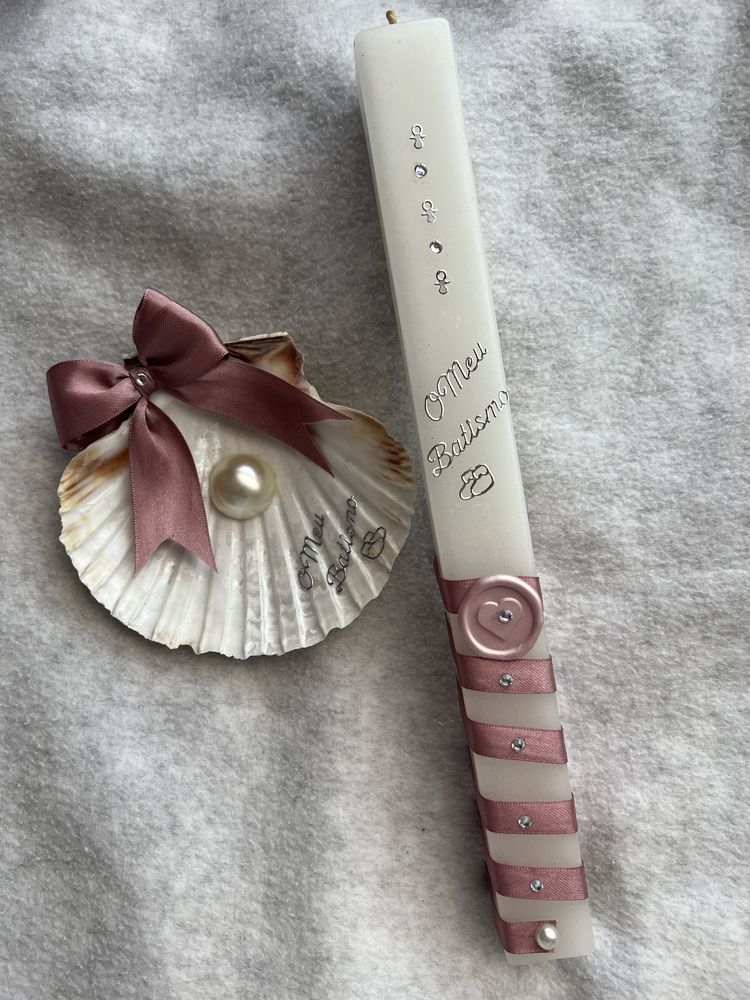 Conjunto vela e concha de batismo
