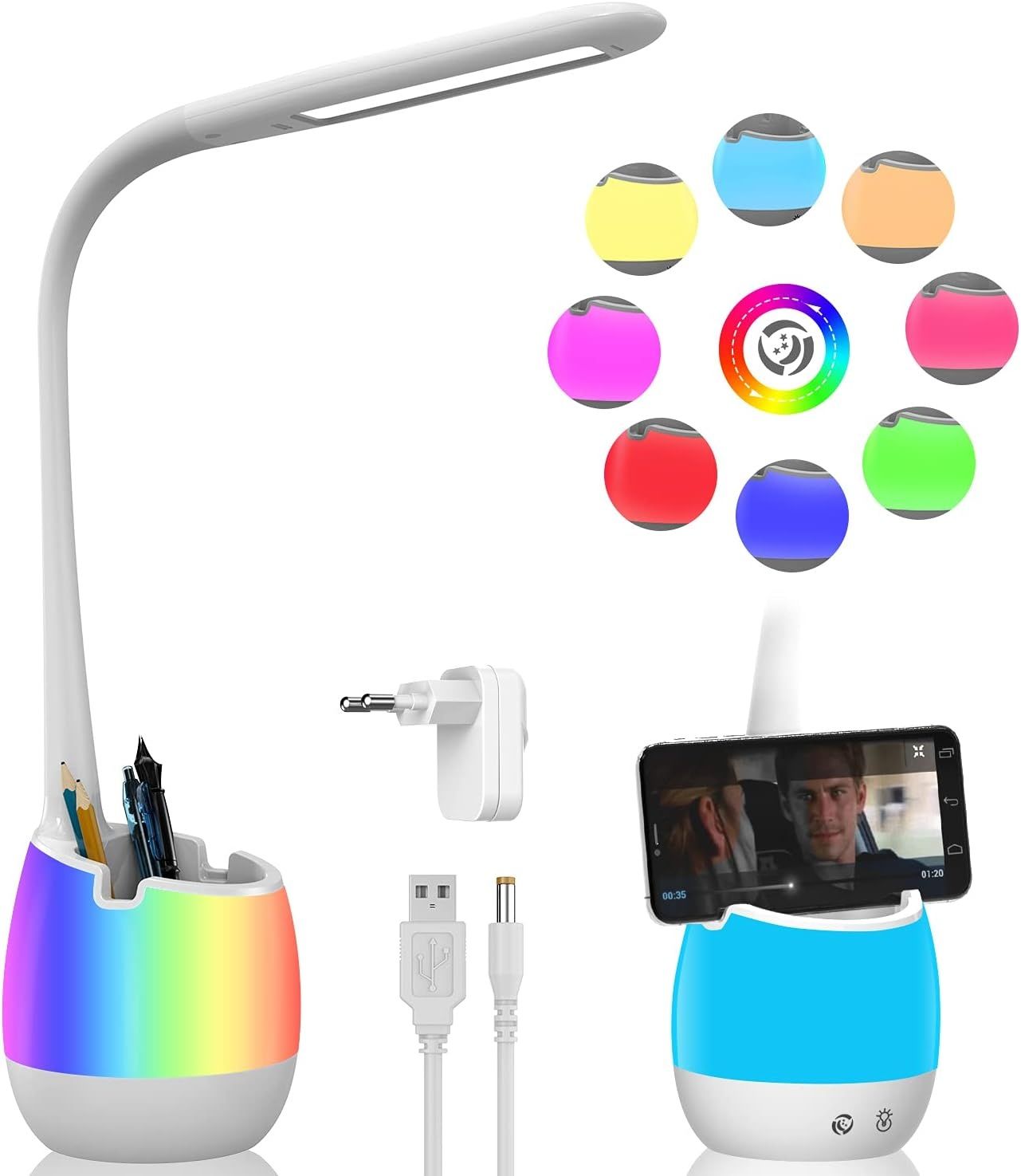 Lampka Biurkowa Szkolna LED RGB Organizer , 8 kolorów światła nocnego.