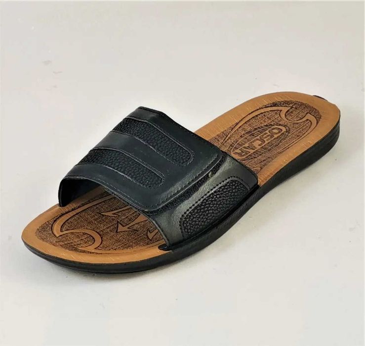 Мужские Шлёпанцы Тапочки Кожаные Черные Сланцы на Липучке