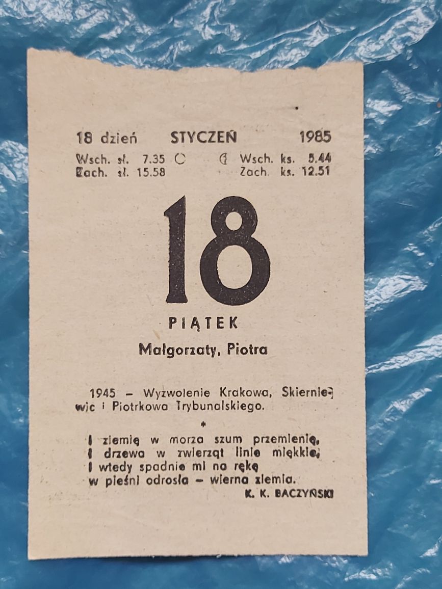 Stara kartka z kalendarza 1985rok PRL