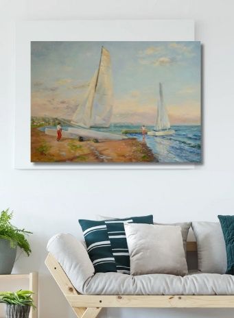 Obraz olejny 70×50 cm– Sopot, jachtklub o zmierzchu,marynistyka, łodzi