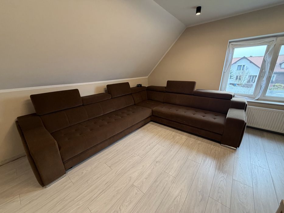 Narożnik, kanapa sofa rozkladana z funkcja spania brazowa
