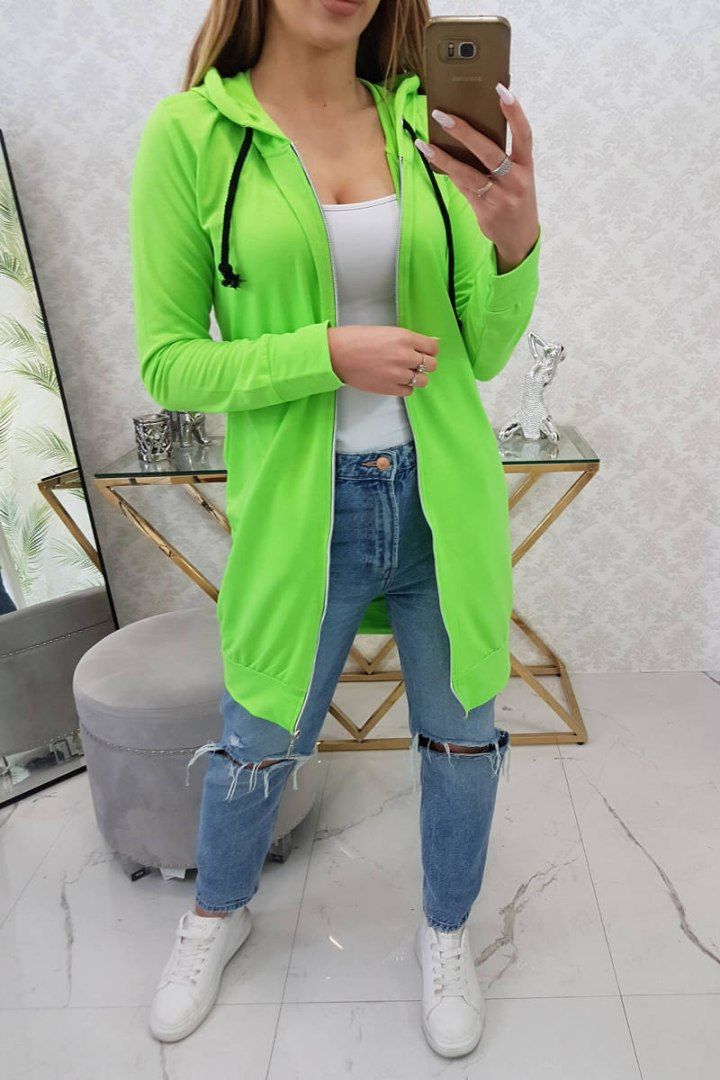 Bluza sukienkowa zielony neon z kapturem i zamkiem | Długa | UNI