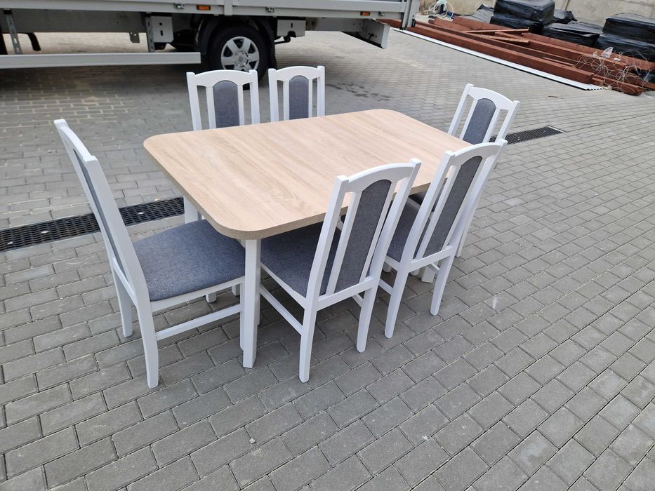 OD RĘKI: Stół rozkładany + 6 krzeseł, NOWE , biały/sonoma + szary