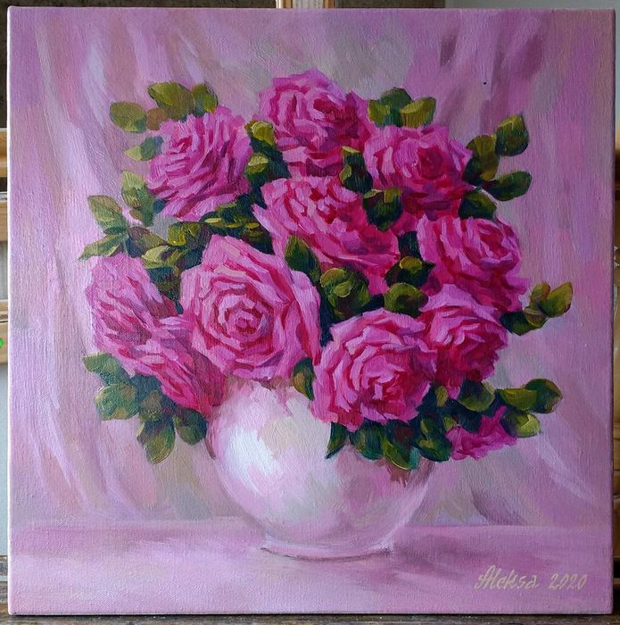 Картина маслом "Малиновые розы"