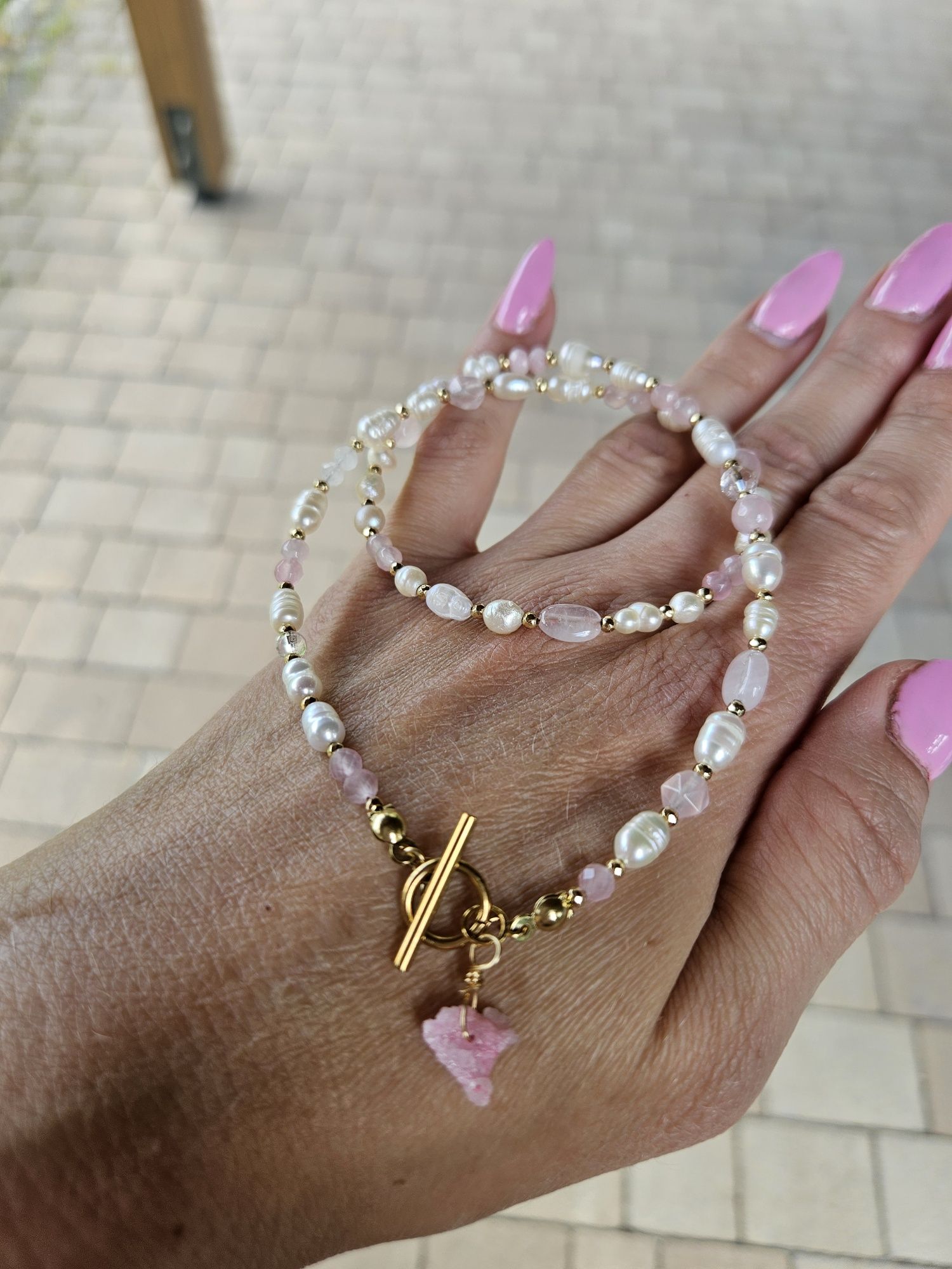 Naszyjnik Choker kamienie naturalne Perły Naturalne Kwarc Różowy Agat