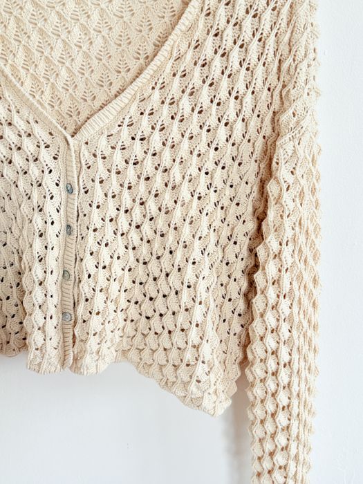 Sweter Zara haftowany kremowy dziergany retro boho elegancki kardigan
