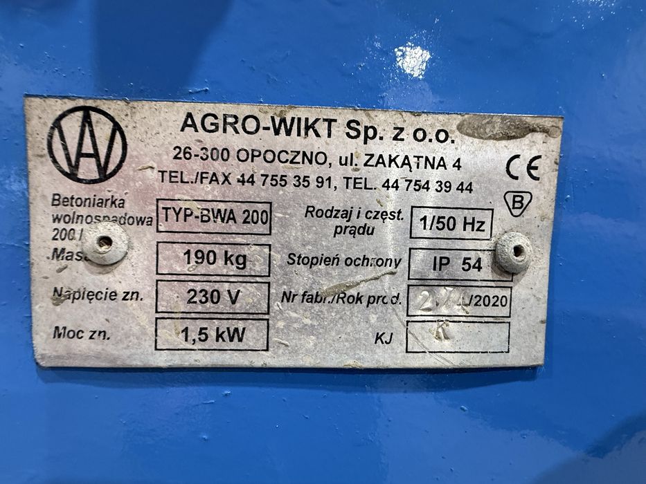 Betoniarka BWA-200/ 230V AGRO-WIKT