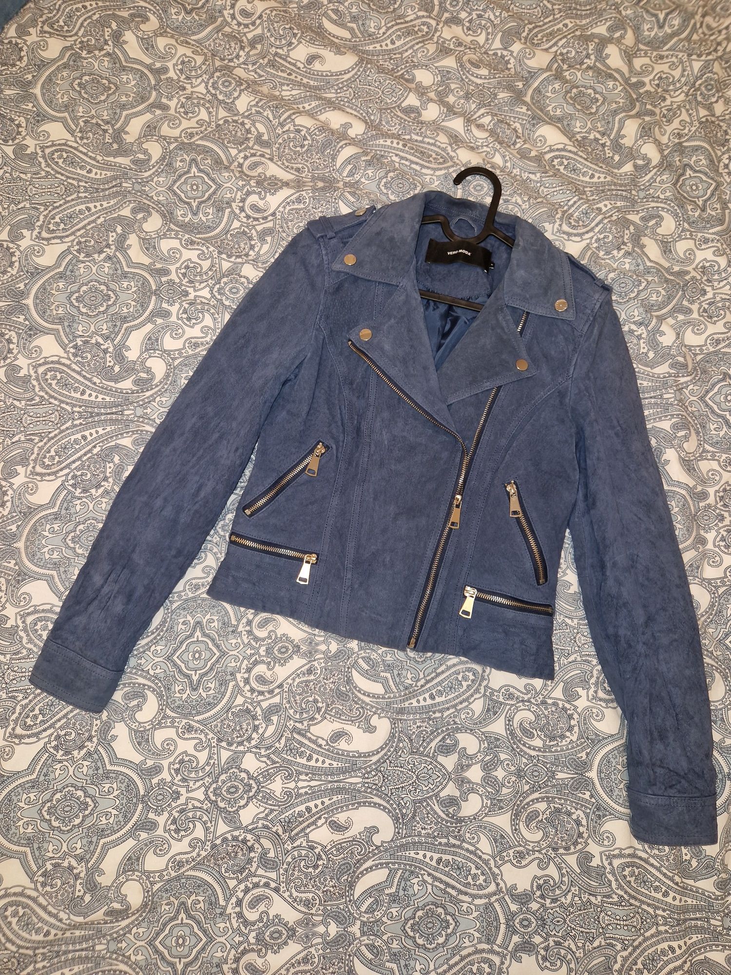 Ramoneska Vero moda M 38 skóra naturalna zamsz ciemnoniebieska hit