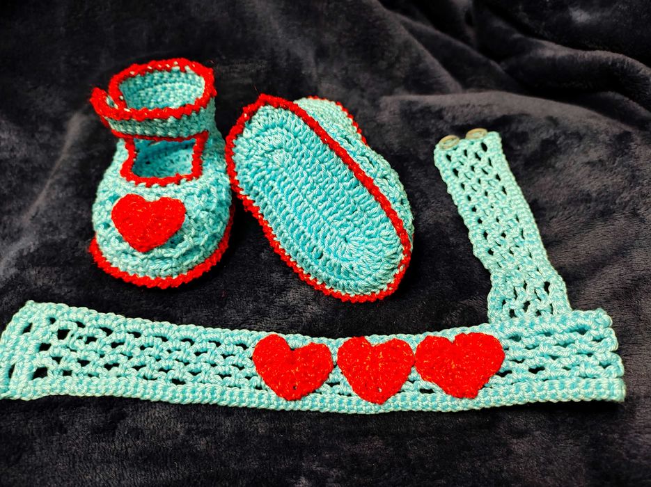 Ажурні вязані пінетки і пов’язка для немовляти, 9-10 см