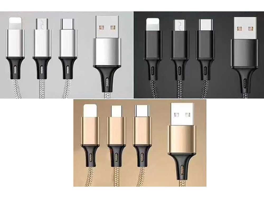 Kabel USB 3w1 do telefonu lightning micro usb type-c 1,2m złoty