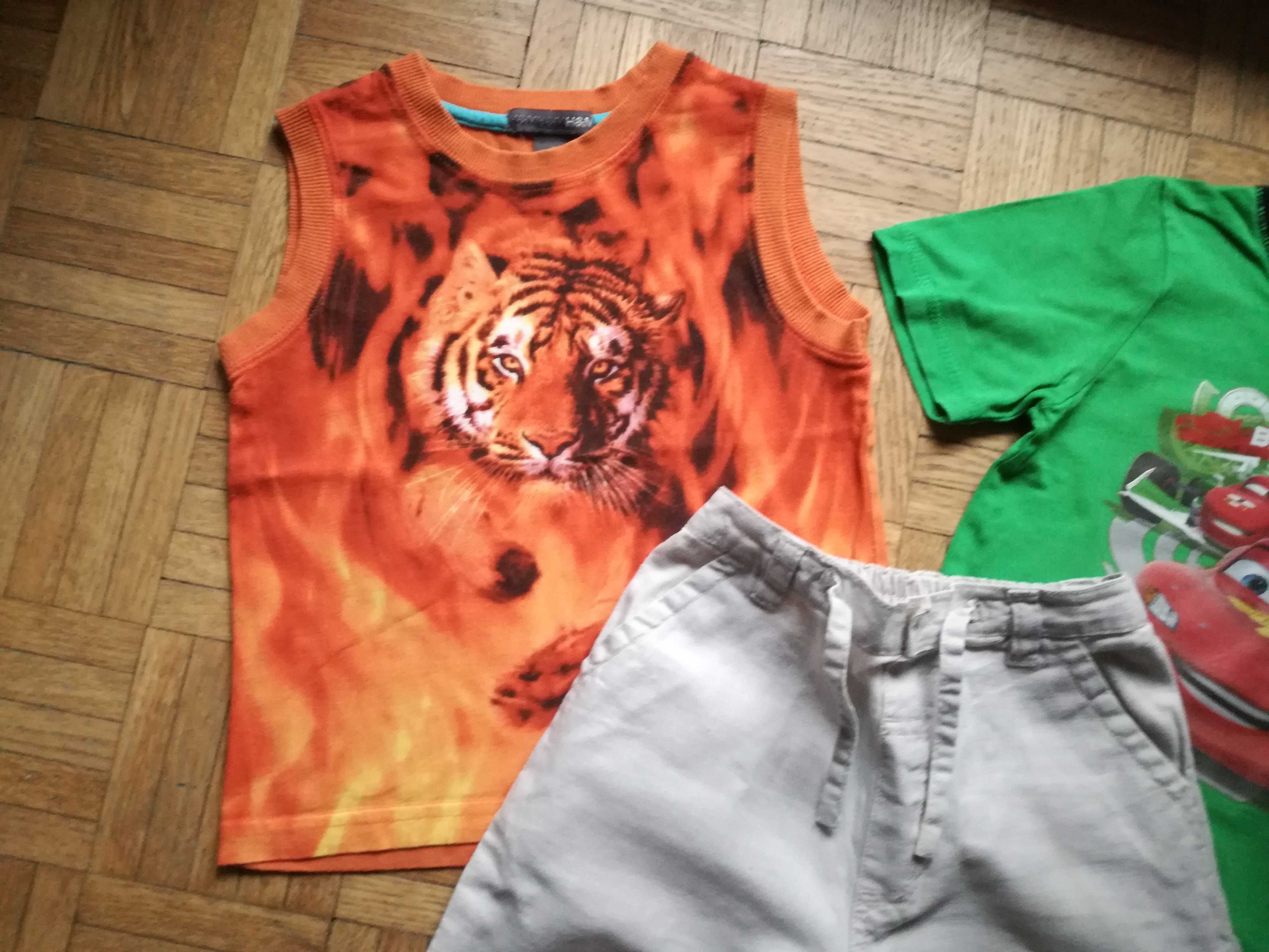 Komplet: dwa t-shirty (H&M tygrys i Zygzaki + szorty Name It, r. 92-98