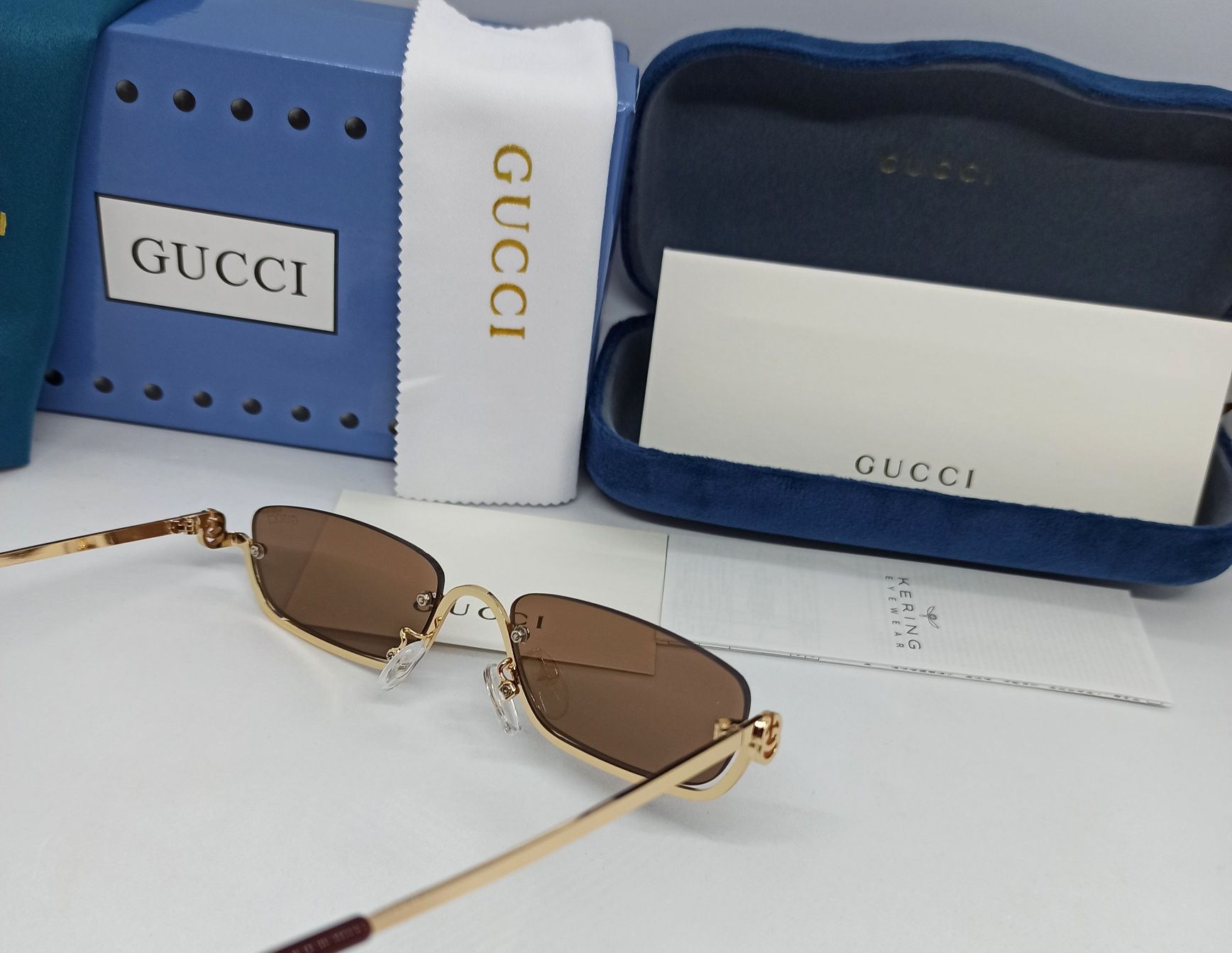 Gucci очки женские модные узкие коричневые в золотом металле