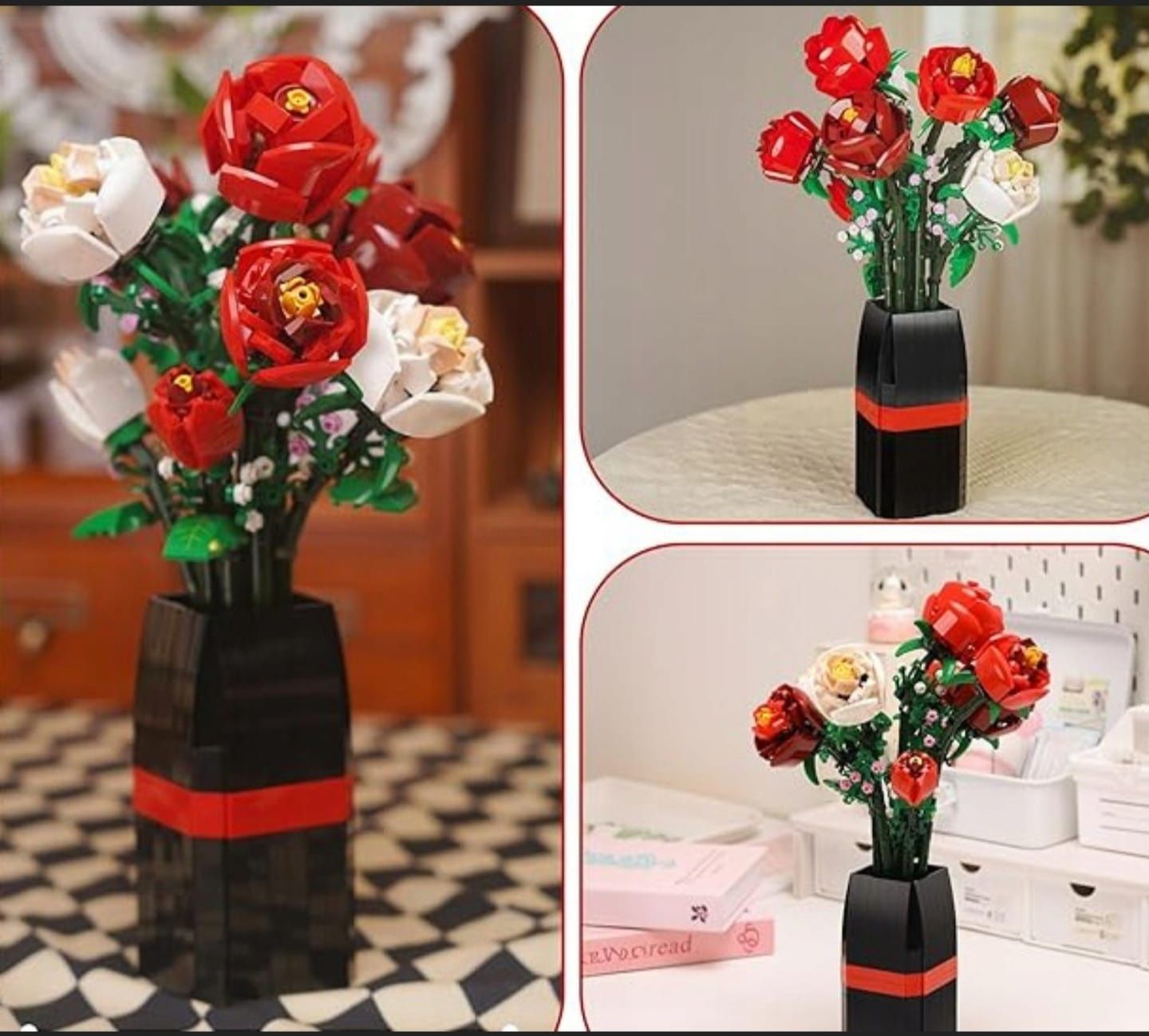 Klocki Botanicals duży bukiet róż czerwone białe róże jak Lego nowe