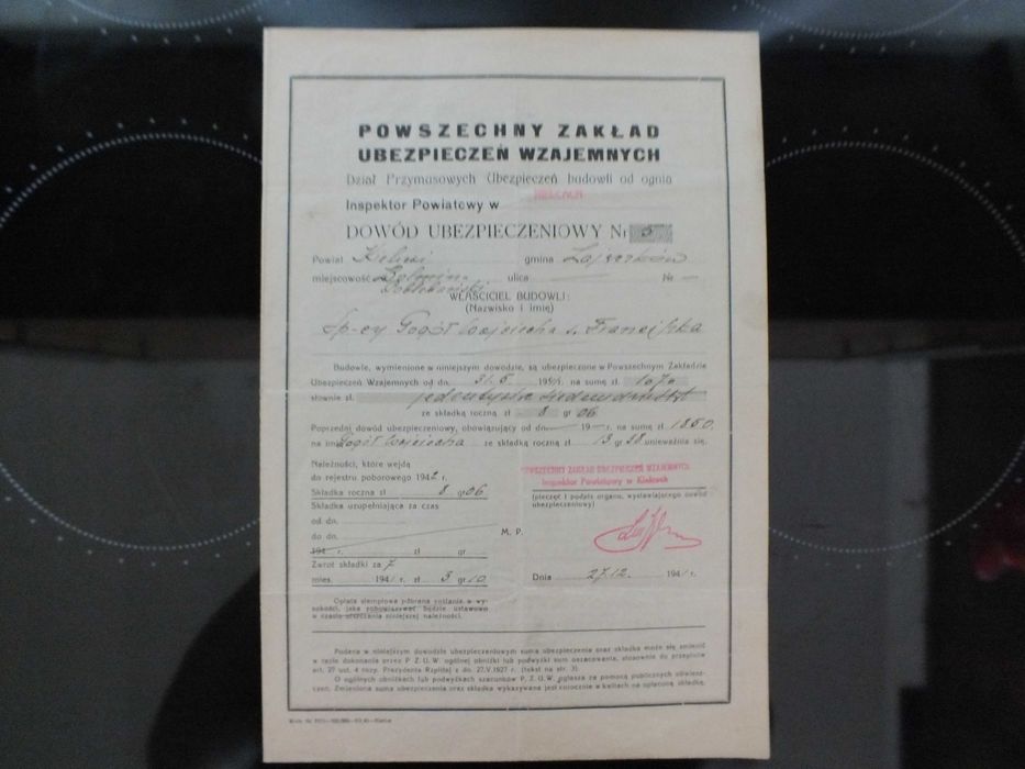 Stara Polisa Ubezpieczeniowa-PZU Wzajemnych Inspektorat Kielce 1941 r.