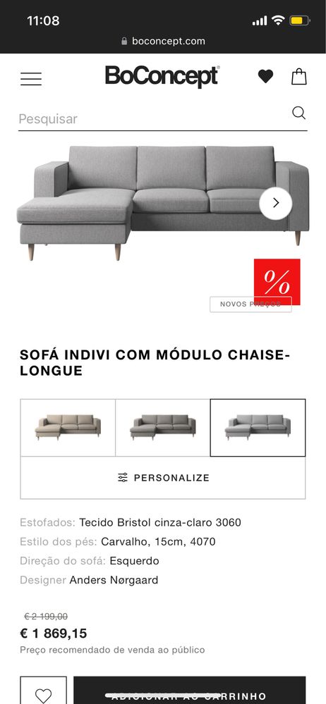 Sofá 3 lugares BoConcept com chaiselong