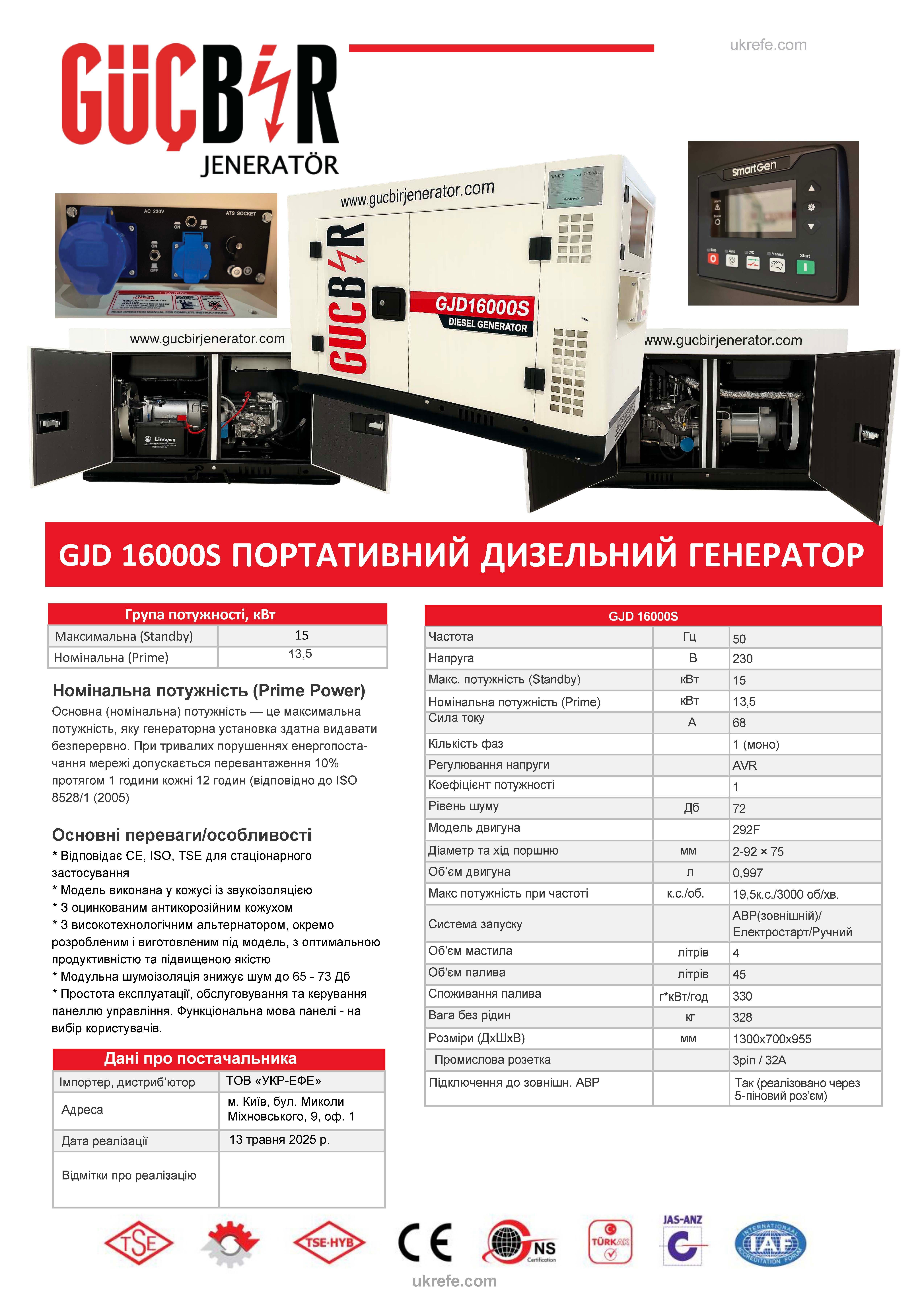 Дизельний генератор портативний GUCBIR GJD16000S 15 кВт