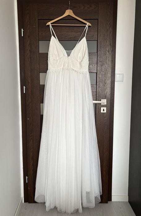 Suknia ślubna boho, tiul, ramiączka, złamana biel (ivory)