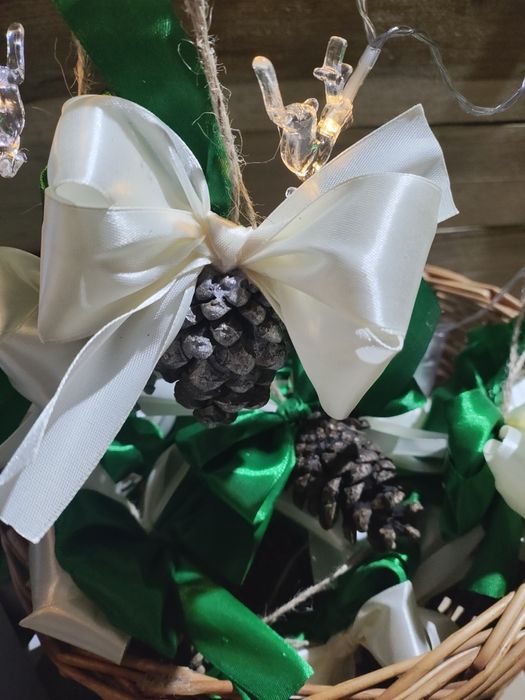 Szyszki/bombki ozdobne kokardkami duokolor ecru +zieleń