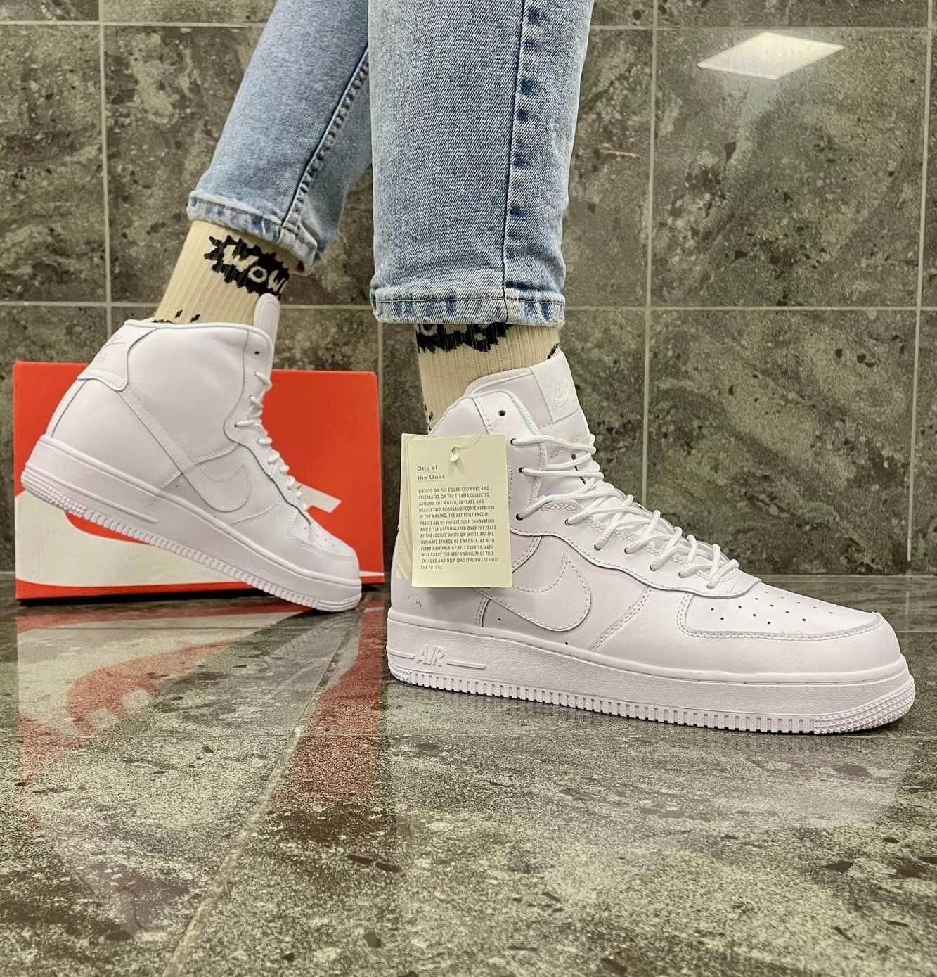 Кроссовки Мужские Найк Air Force белые высокие Nike натуральная кожа