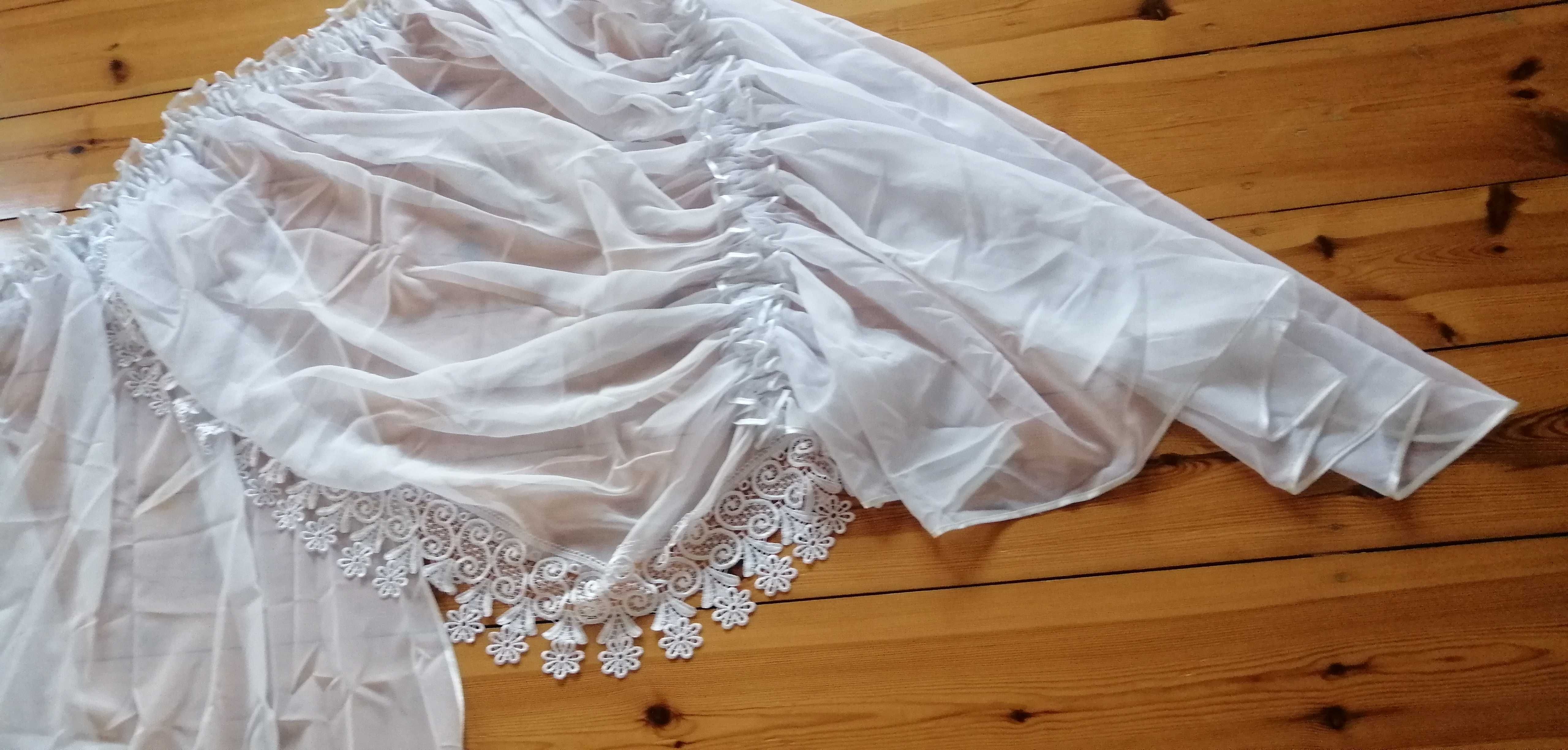 Biała firanka 185x150 – z koronką, 2-częściowa, do wiązania  gładka
