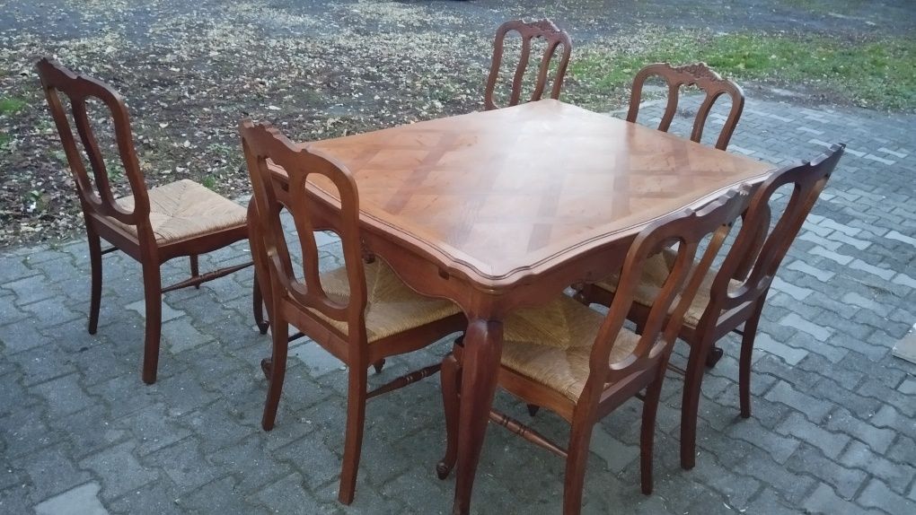 Piękny stylowy stół rozkładany z krzesłami Ludwik dębowy