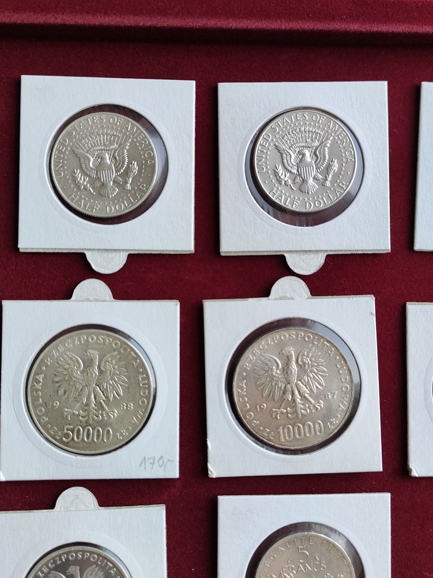 Srebrne monety Polskie PRL i zagraniczne pół dolara i 5 franków