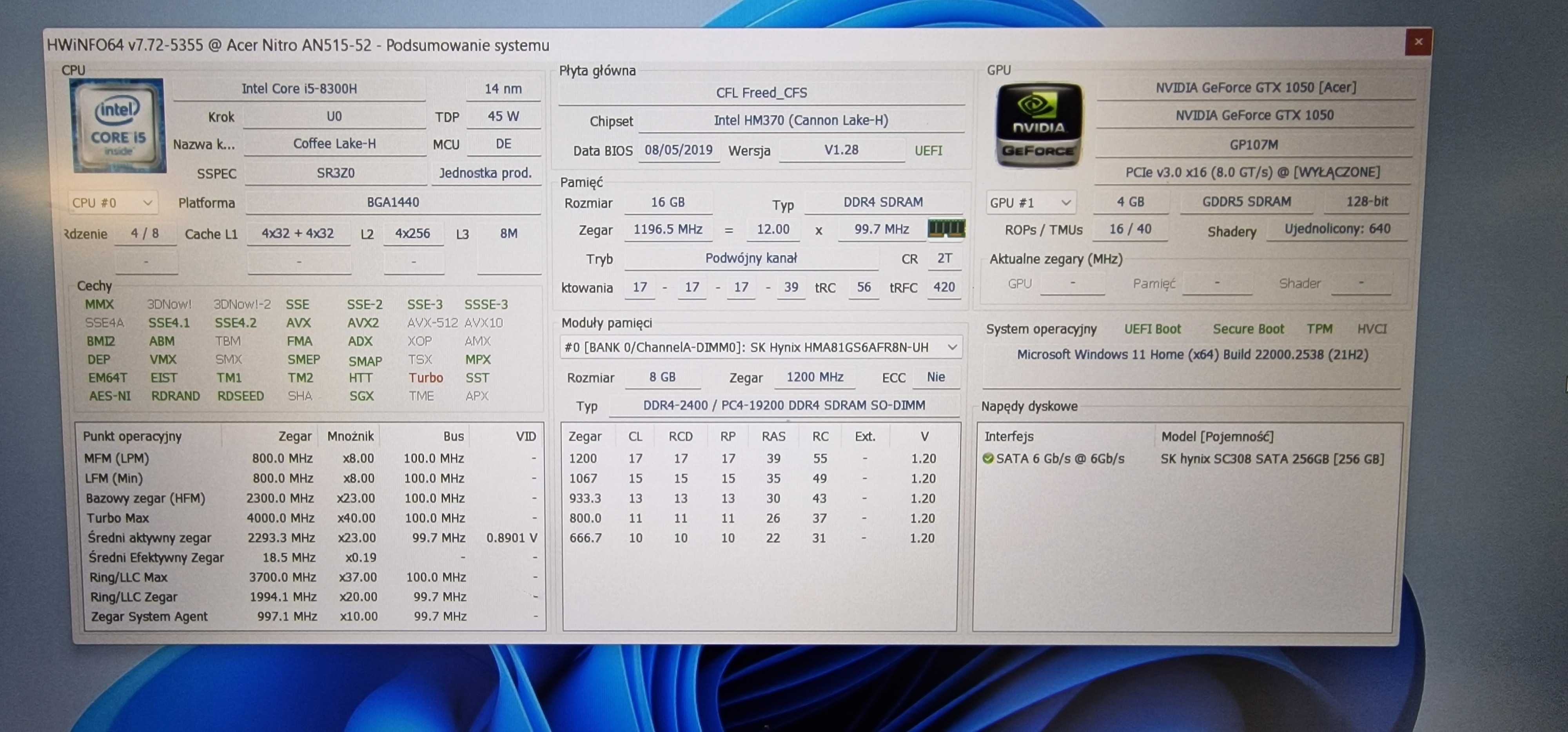 Acer Nitro AN515-52 i5-8300H / 16GB / SSD256 / GTX1050 4GB / FV GW