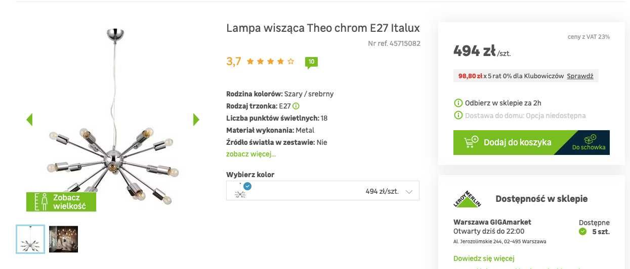 Lampa wisząca Theo chrom E27 Italux | Idealny żyrandol Leroy Merlin