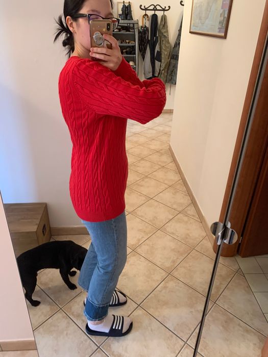 Tommy Hilfiger r.M czrwony sweter plecionka warkocz bawelna